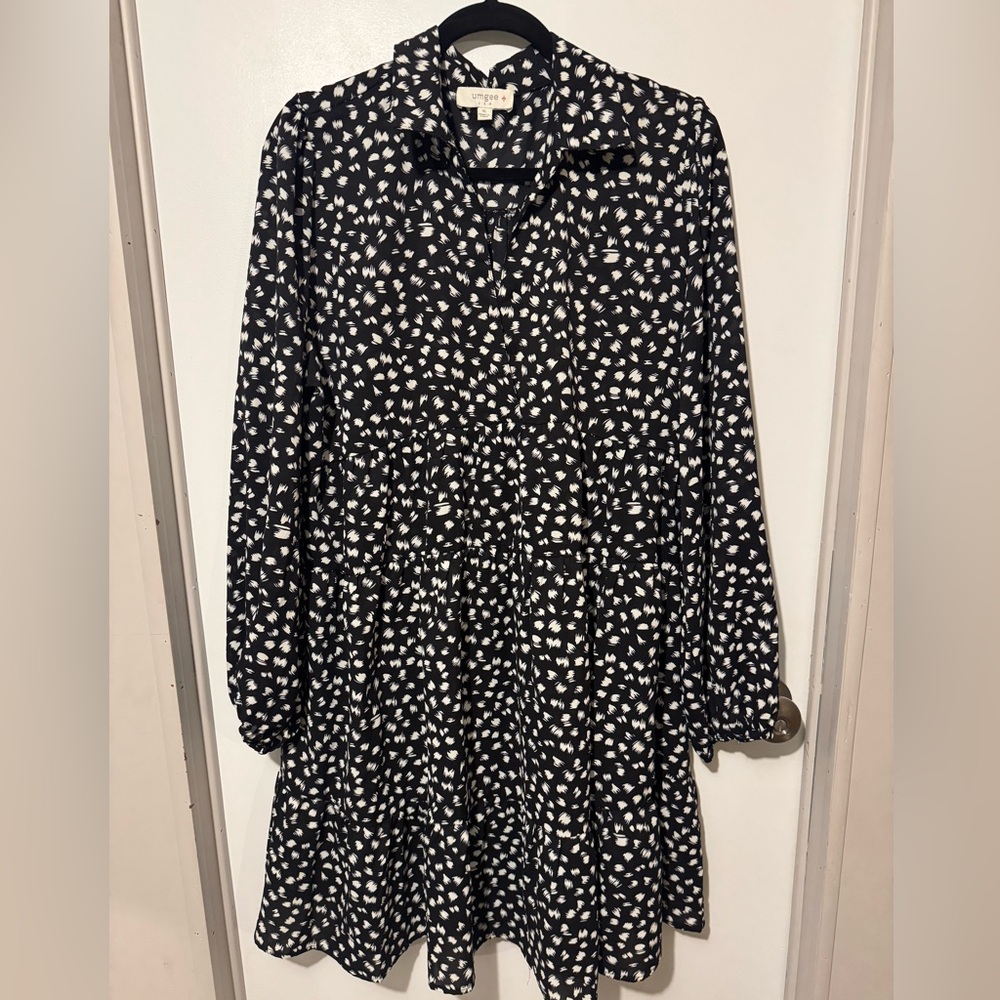 Umgee Black Midi Dress with White Spot Print